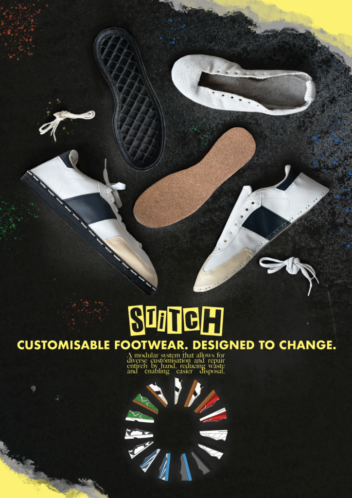 Promotional poster displaying an assembled and disassembled Stitch shoe as well as illustrations of possible combinations and variations that can be achieved using the system
