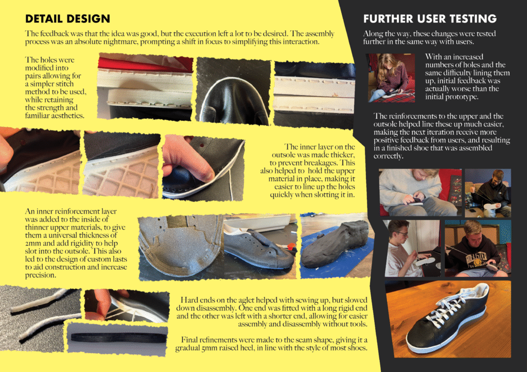 Displays further development of the finer details on the chosen concept as well as further testing with users.