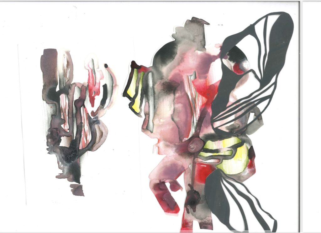 ink, watercolour and coloured pencil studies with black cutwork