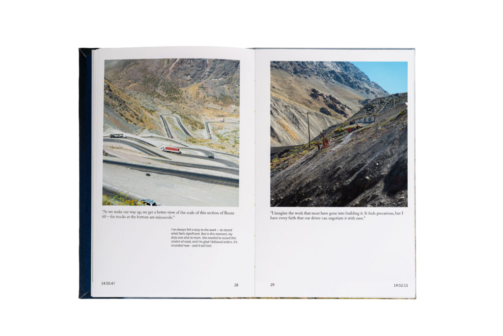 A double-page spread showing winding mountain roads on the left and construction workers on a slope on the right, documenting the Andes journey.