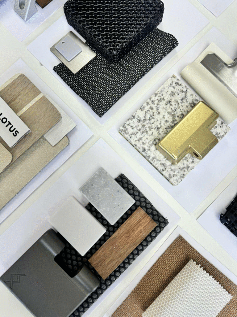 CMF moodboard presenting a curated selection of in-house materials assembled in response to a client design brief, illustrating the alignment of colour, texture, and finish with project requirements.